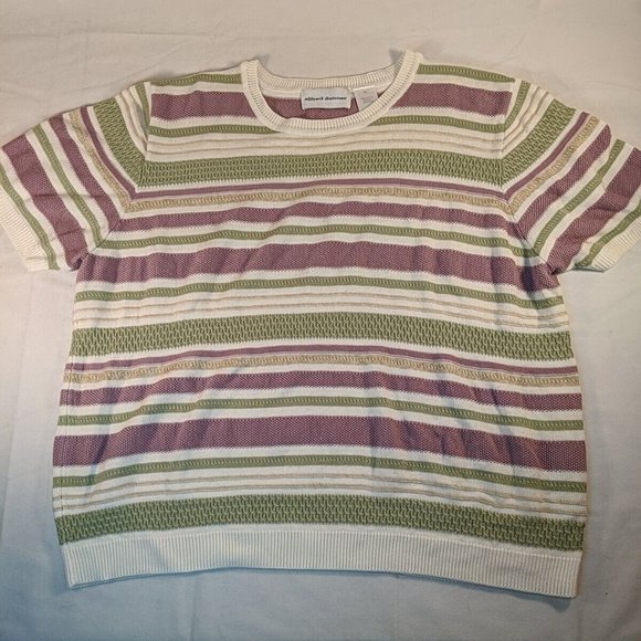 Alfred Dunner Purple Green Cream Striped Knit Short Sleeve Sweater Shirt Top XL - Picture 1 of 9